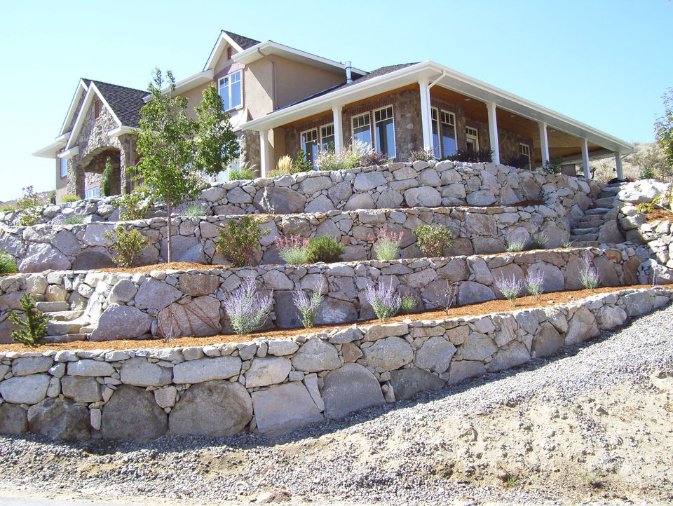 Completed stone and garden landscape in Northern Nevada